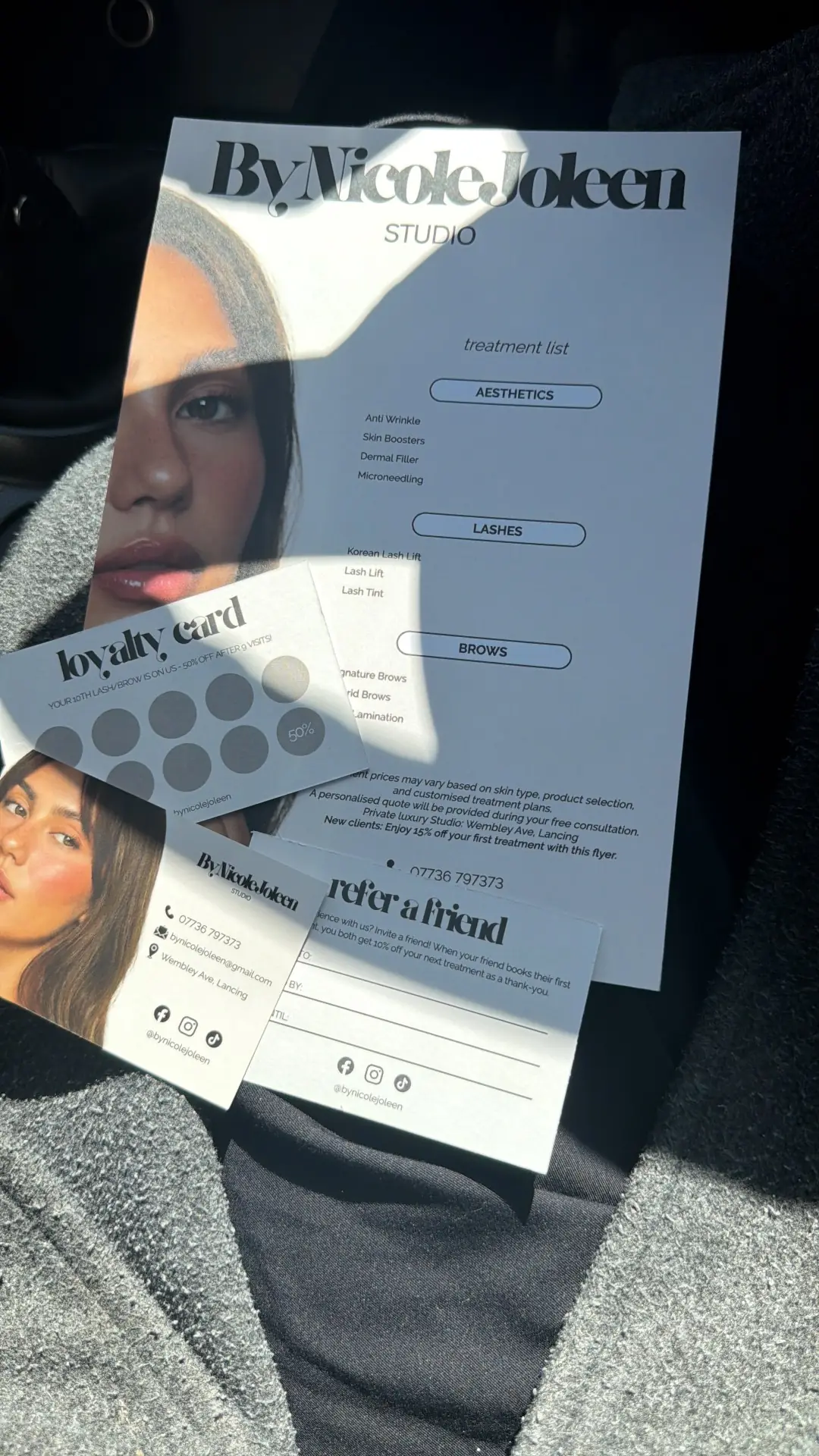 ByNicoleJoleen treatment list, loyalty card and refer a friend cards